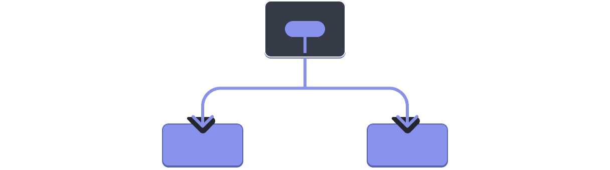 Diagramma con un albero di tre componenti. Il genitore contiene una bolla rappresentante un valore evidenziata in viola. Il valore scorre giù verso entrambi i figli, evidenziati di viola.